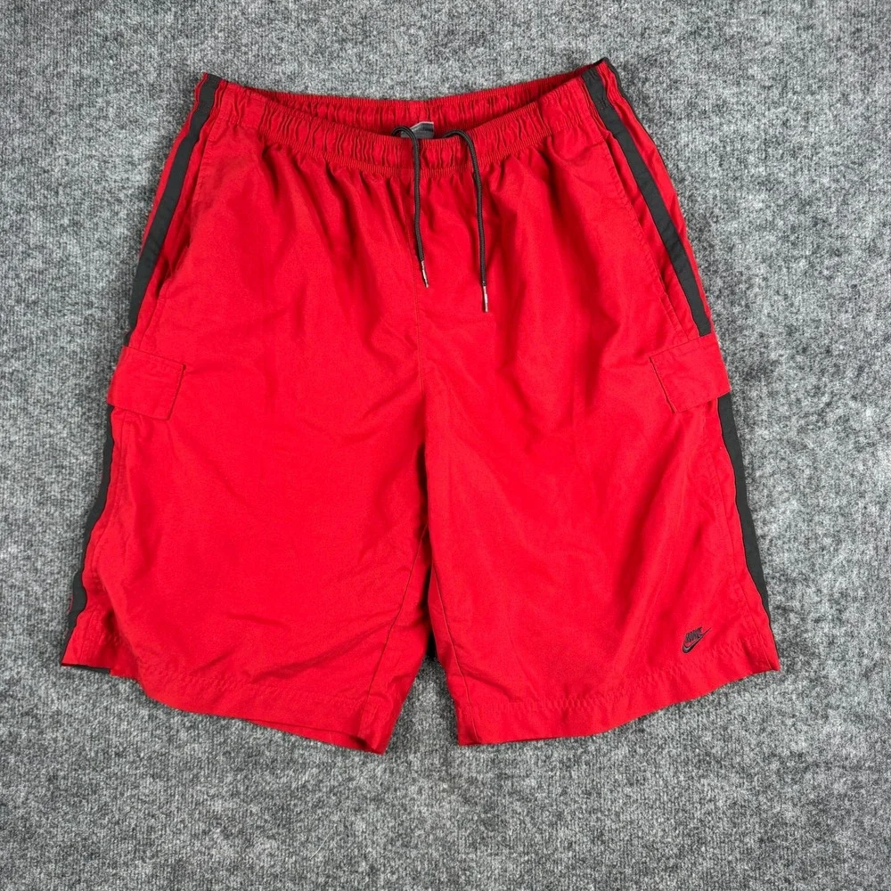 Nike Athletic Shorts Mens Size XL Red Grey Stripe Cargo Mesh Lined Drawstring